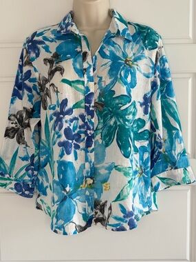 Lauren Ralph Lauren Floral Linen Shirt Blouse 3/4 Sleeves Spring Summer Sz LP